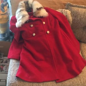 Red coat with rabbit fur collar